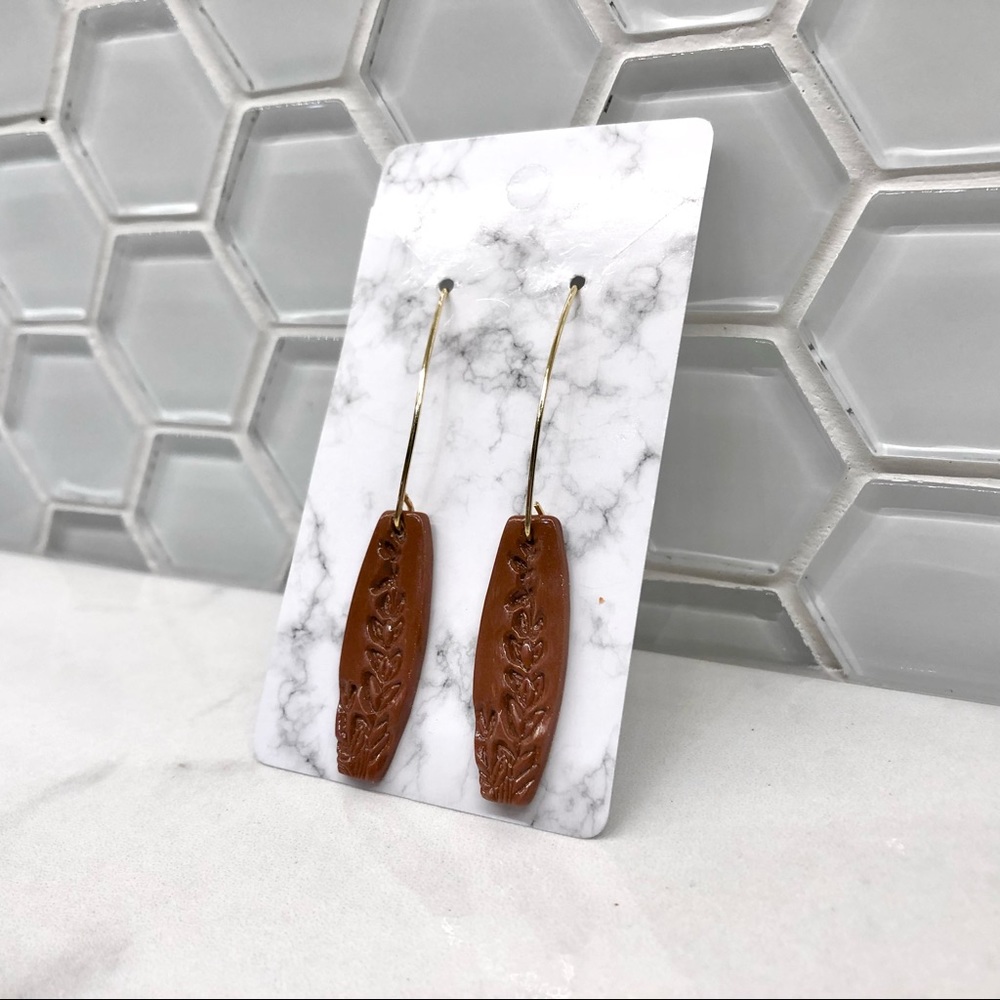 Brown Floral Embossed Gold Hook Earrings